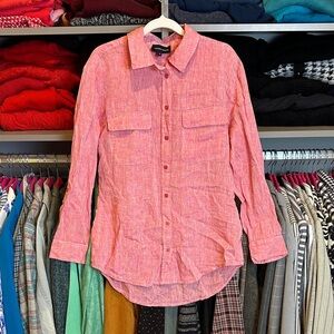 French Curve pink linen long roll tab sleeve 2 pocket button down shirt size S